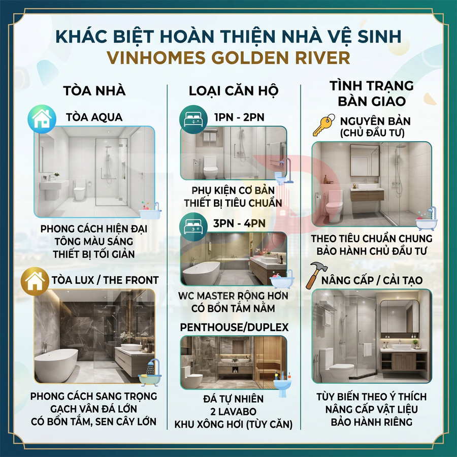 So sánh thiết kế nhà vệ sinh các loại căn hộ Vinhomes Golden River với hình ảnh nội thất và vật liệu hoàn thiện