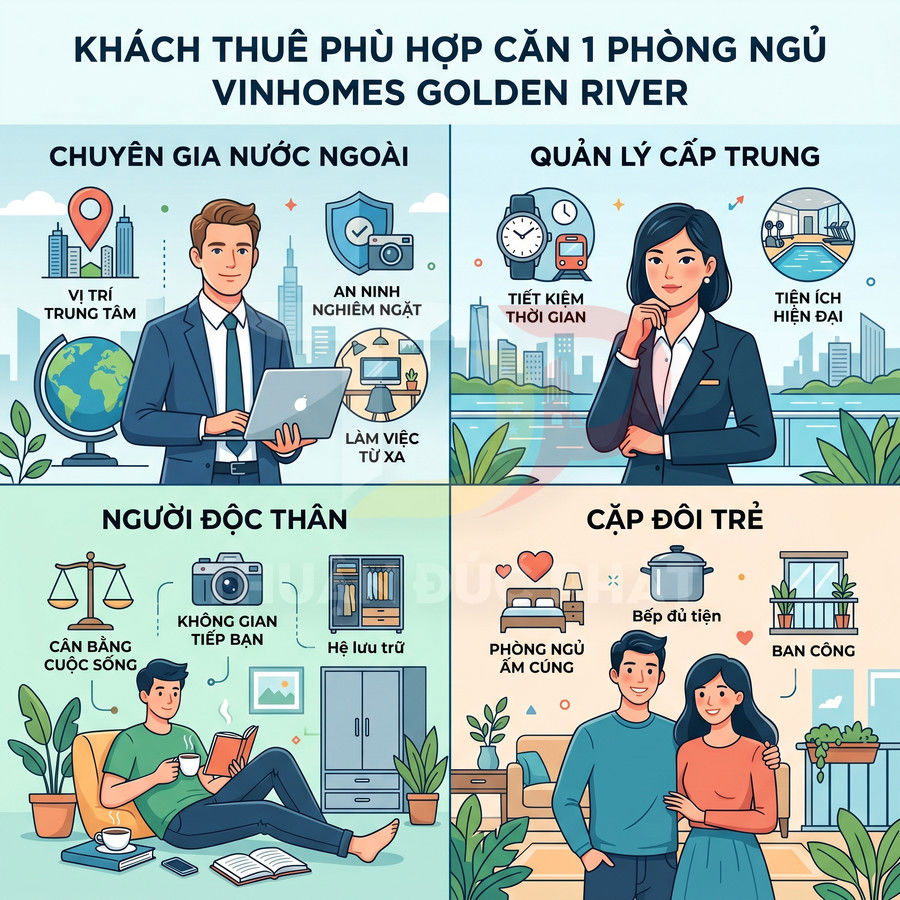 Infographic khách thuê phù hợp căn hộ 1 phòng ngủ Vinhomes Golden River cho chuyên gia, quản lý, người độc thân, cặp đôi trẻ