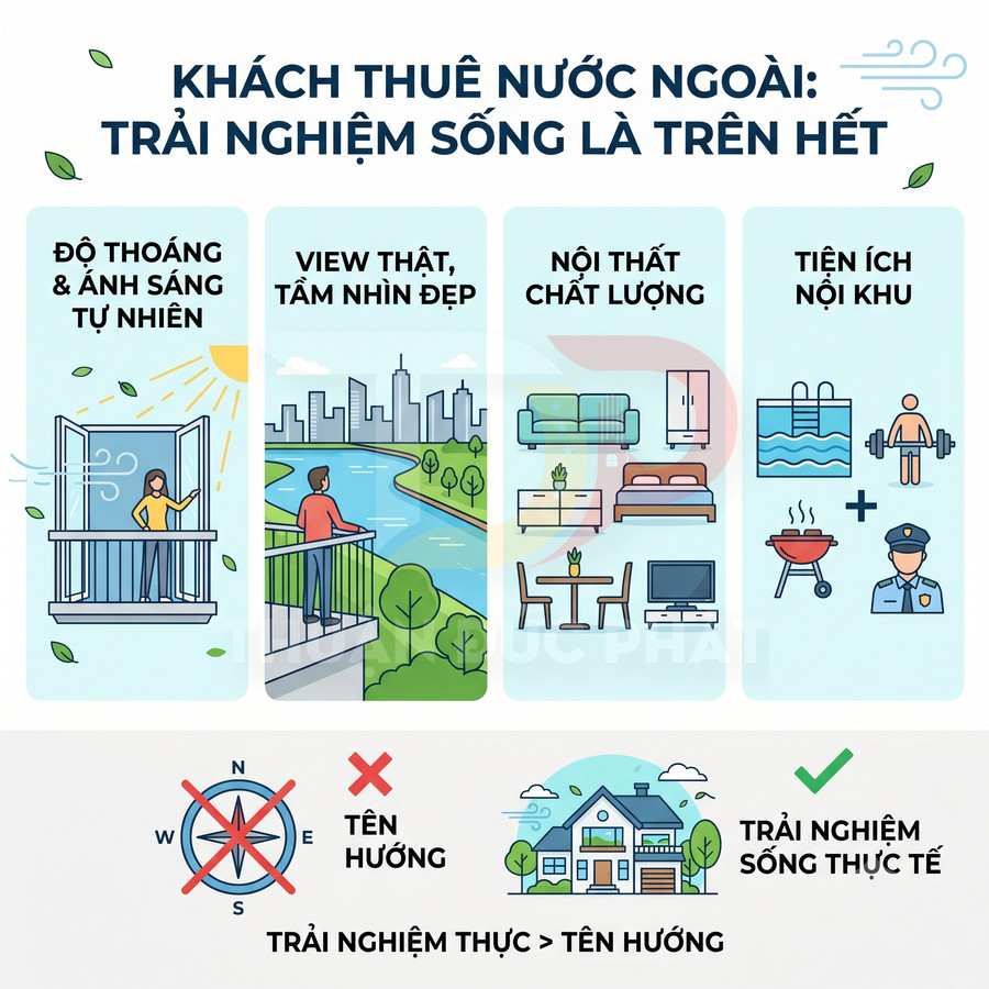 Infographic tiêu chí khách thuê nước ngoài: độ thoáng sáng, view đẹp, nội thất chất lượng, tiện ích nội khu, trải nghiệm sống thực tế