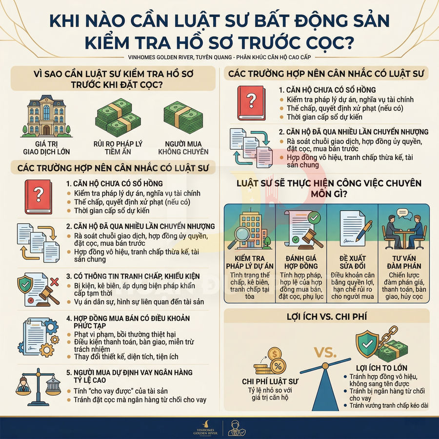 Infographic tư vấn khi nào cần luật sư bất động sản kiểm tra hồ sơ trước đặt cọc mua căn hộ cao cấp