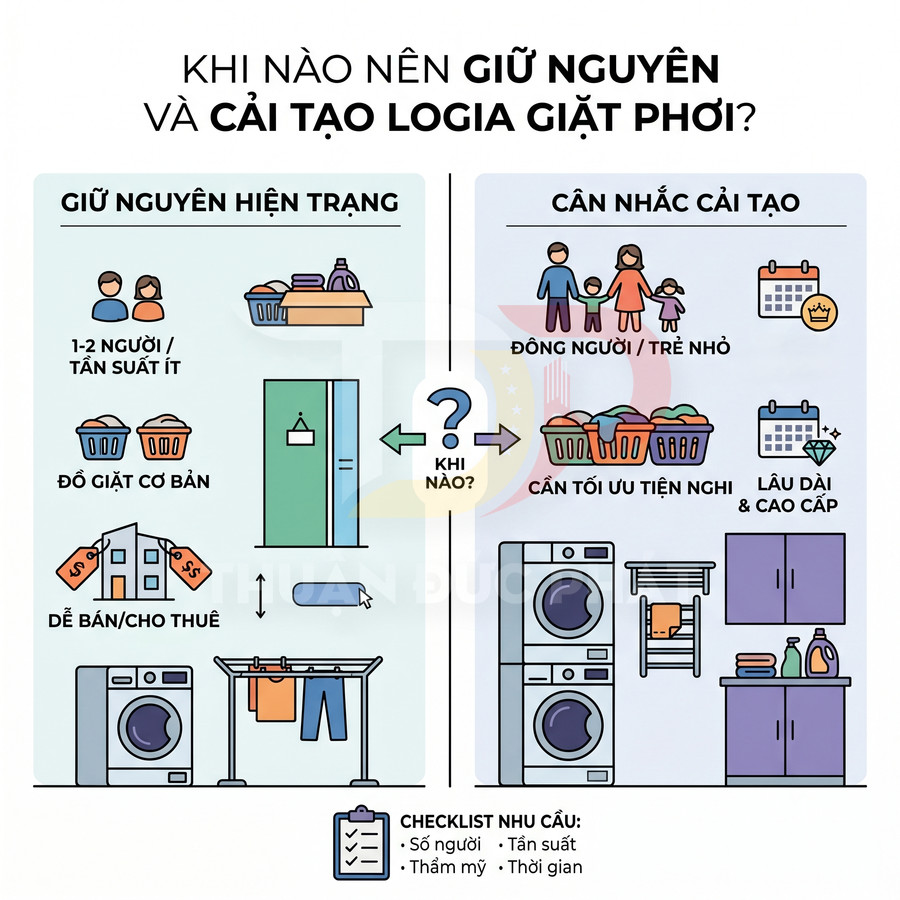 Infographic so sánh giữ nguyên và cải tạo logia giặt phơi, gợi ý bố trí máy giặt, kệ, tủ và nhu cầu sử dụng