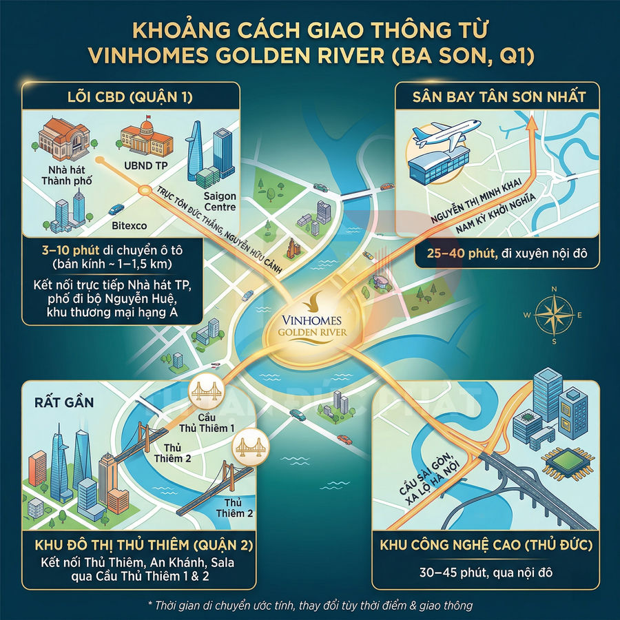Bản đồ khoảng cách giao thông từ dự án Vinhomes Golden River Ba Son đến trung tâm, sân bay và các khu vực lân cận