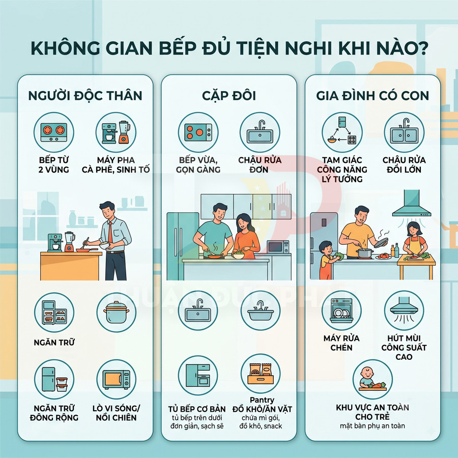 Minh họa không gian bếp tiện nghi cho người độc thân, cặp đôi và gia đình có con với các thiết bị nhà bếp hiện đại