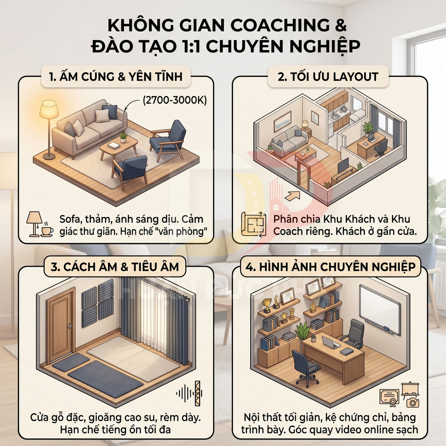 Mô tả không gian coaching 1-1 chuyên nghiệp với sofa, bàn làm việc, kệ sách và giải pháp cách âm, tối ưu bố cục