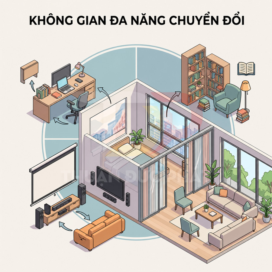 Không gian phòng khách đa năng với sofa, bàn làm việc, kệ sách và hệ thống giải trí gia đình