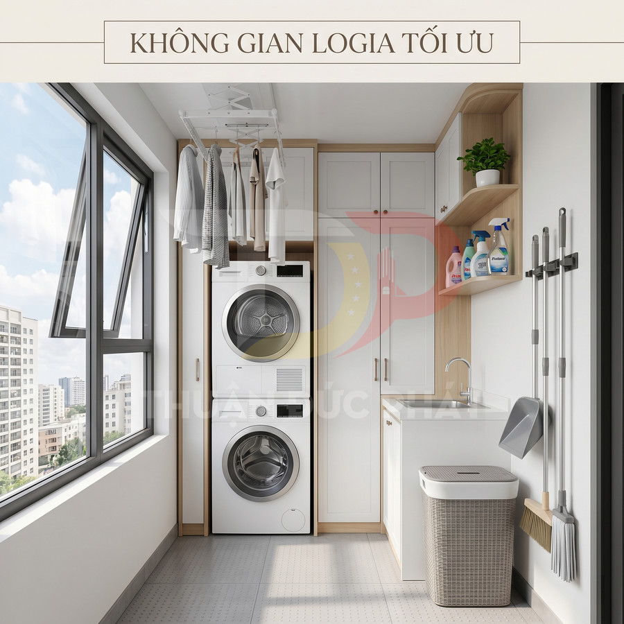 Góc logia tối ưu với máy giặt và máy sấy xếp chồng, tủ đồ, giá treo quần áo và kệ để nước giặt