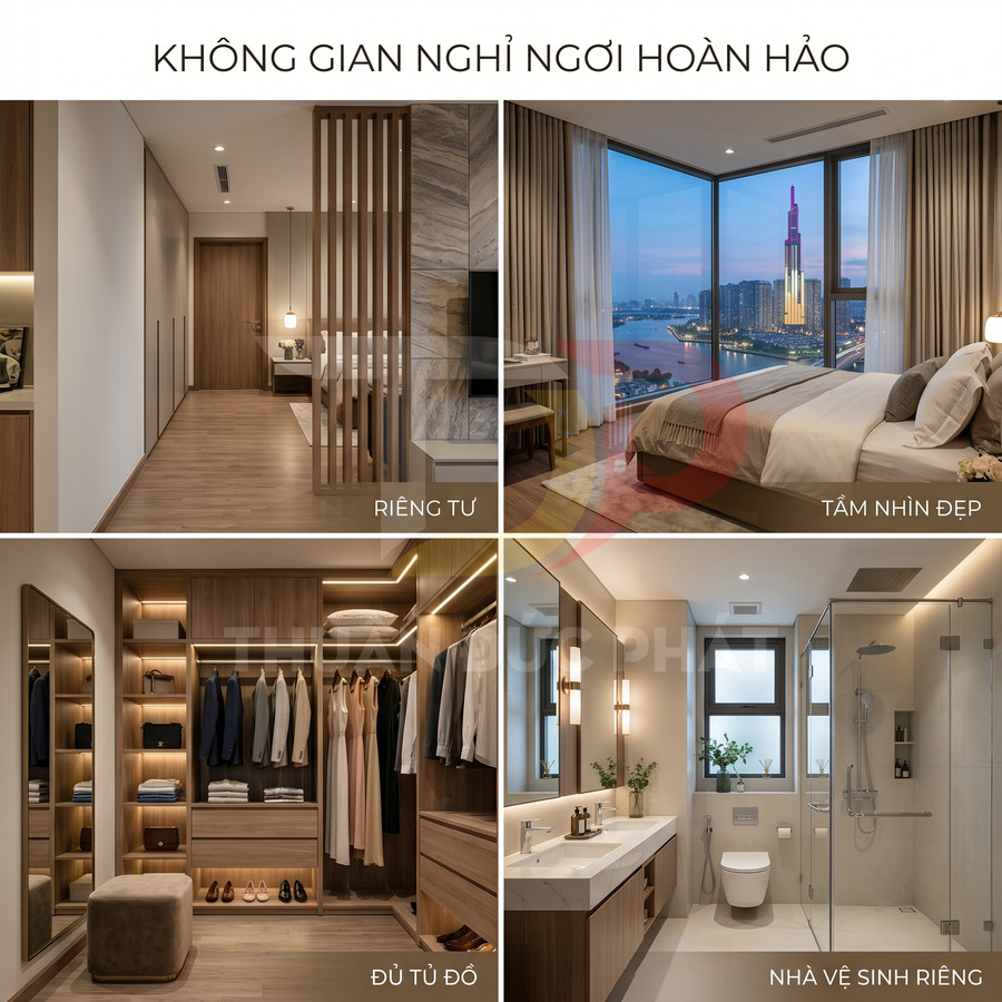 Căn hộ cao cấp với phòng ngủ view sông, tủ quần áo âm tường và phòng tắm kính hiện đại