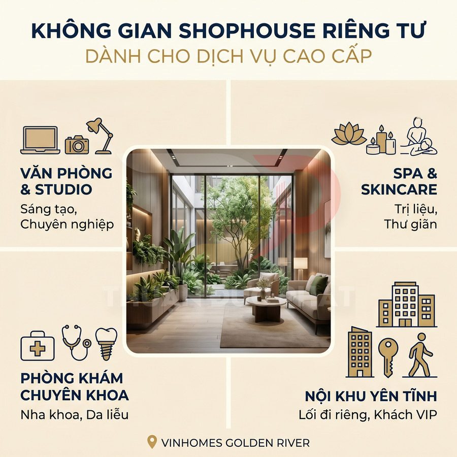 Không gian shophouse cao cấp Vinhomes Golden River với thiết kế xanh, phù hợp văn phòng, spa và phòng khám