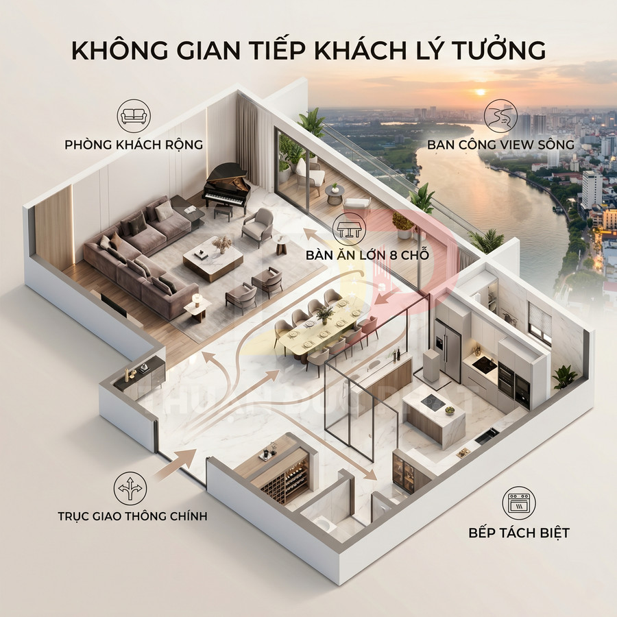 Mặt bằng căn hộ cao cấp với phòng khách rộng, bàn ăn 8 chỗ, bếp tách biệt và ban công view sông