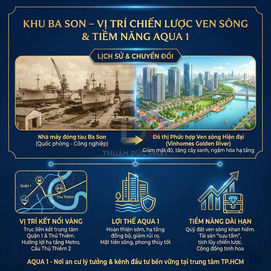 Infographic giới thiệu vị trí chiến lược ven sông và tiềm năng dự án căn hộ Aqua 1 tại khu Ba Son Vinhomes Golden River