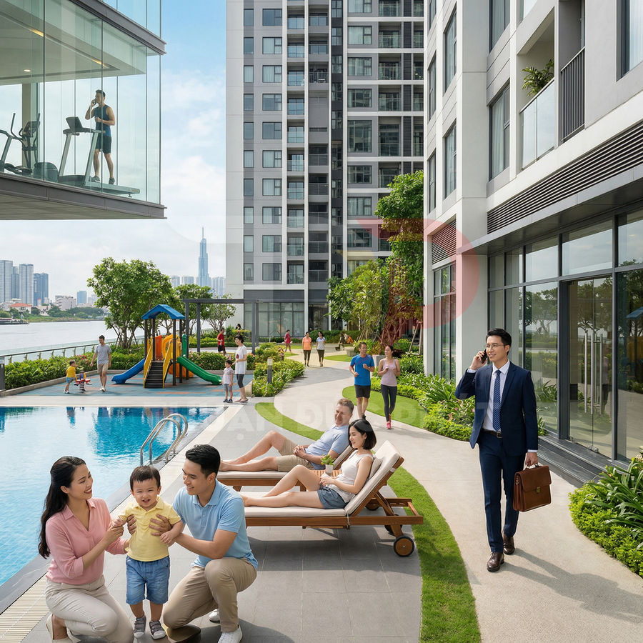 Khu căn hộ cao cấp với hồ bơi, phòng gym kính, sân chơi trẻ em và cư dân sinh hoạt ngoài trời