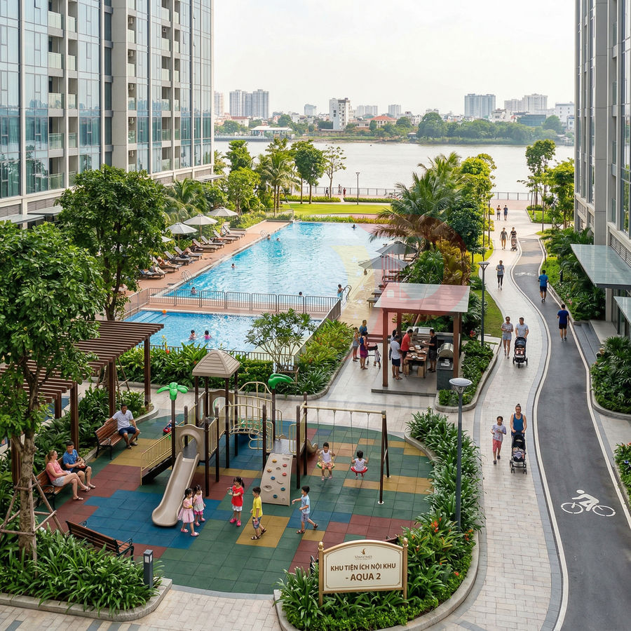 Khu căn hộ cao cấp ven sông với hồ bơi ngoài trời, sân chơi trẻ em và đường dạo bộ nhiều cây xanh