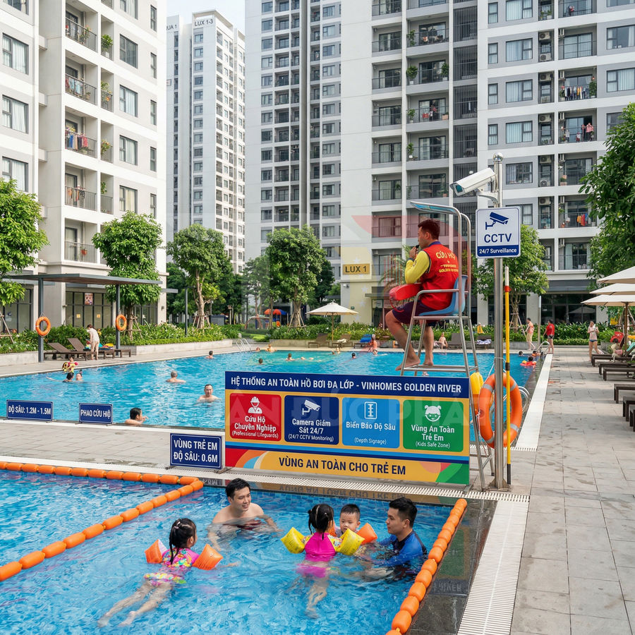 Hồ bơi trẻ em tại chung cư Vinhomes Golden River với nhân viên cứu hộ và gia đình đang tắm