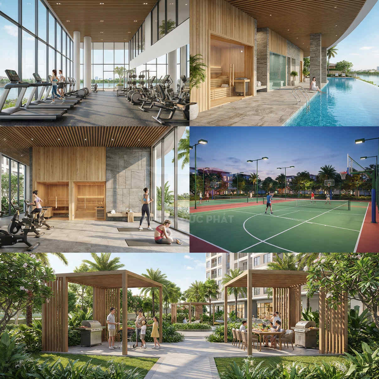 Tiện ích chung cư cao cấp với phòng gym, hồ bơi, sân tennis và khu BBQ ngoài trời nhiều cây xanh