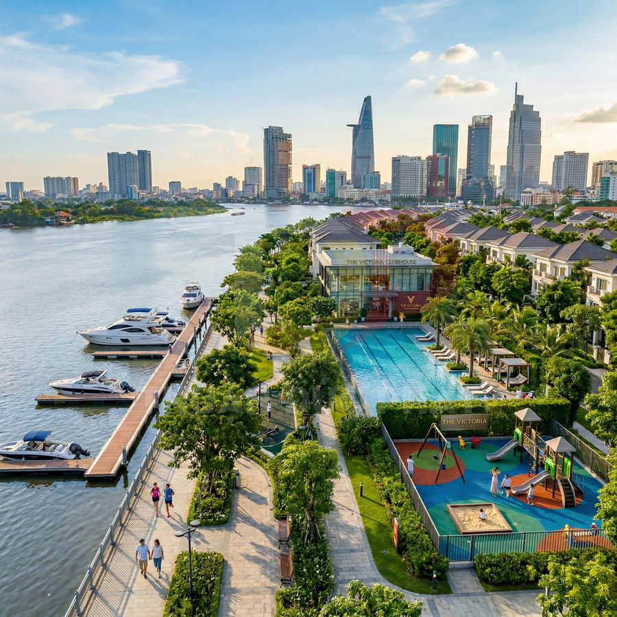 Khu biệt thự ven sông với bến du thuyền, hồ bơi và sân chơi trẻ em nhìn về trung tâm thành phố hiện đại