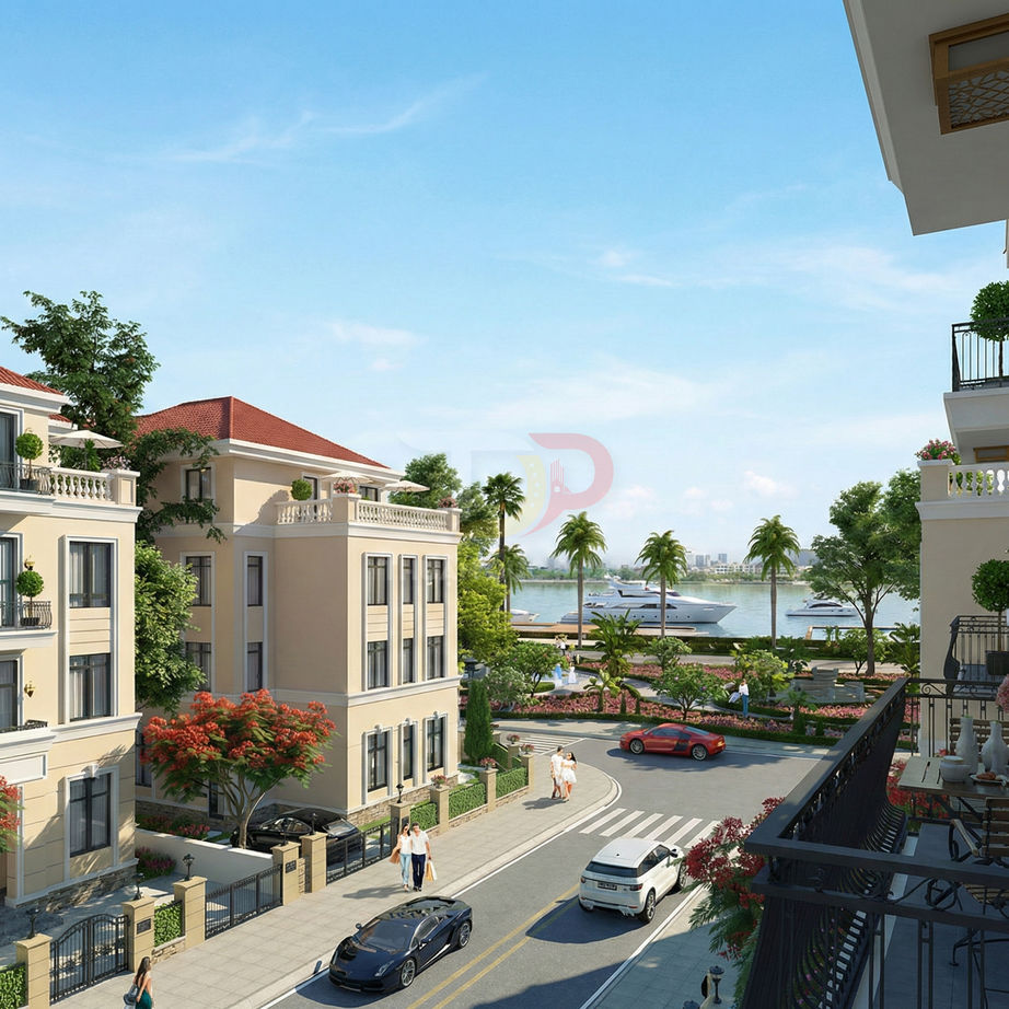 Khu biệt thự cao cấp ven sông với đường nội khu, cây xanh và du thuyền sang trọng trên bến nước