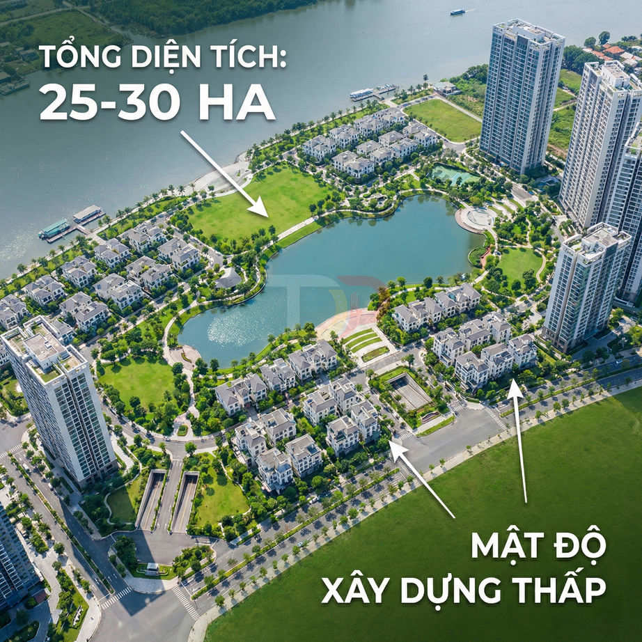 Khu đô thị cao cấp ven sông với hồ trung tâm, nhiều biệt thự và chung cư cao tầng mật độ xây dựng thấp