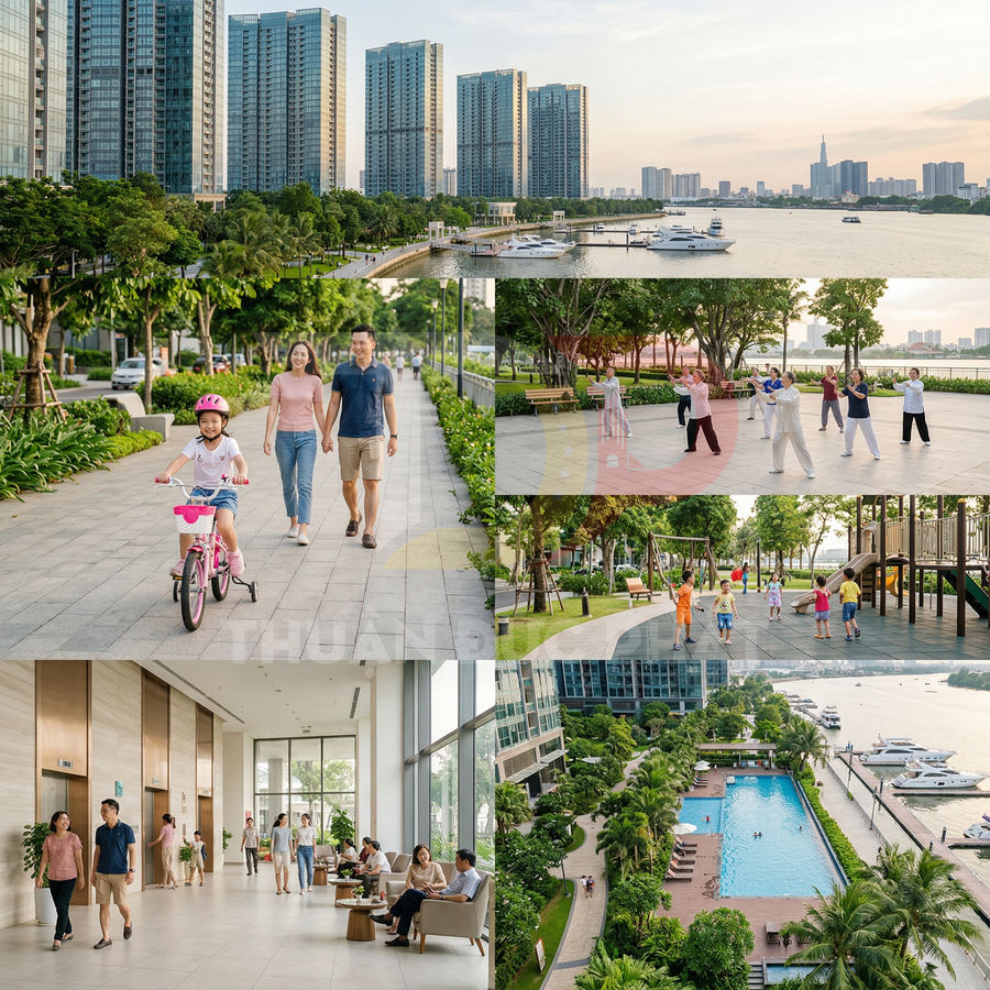 Khu căn hộ cao cấp ven sông với hồ bơi, bến du thuyền và cư dân sinh hoạt, đi dạo trong không gian xanh