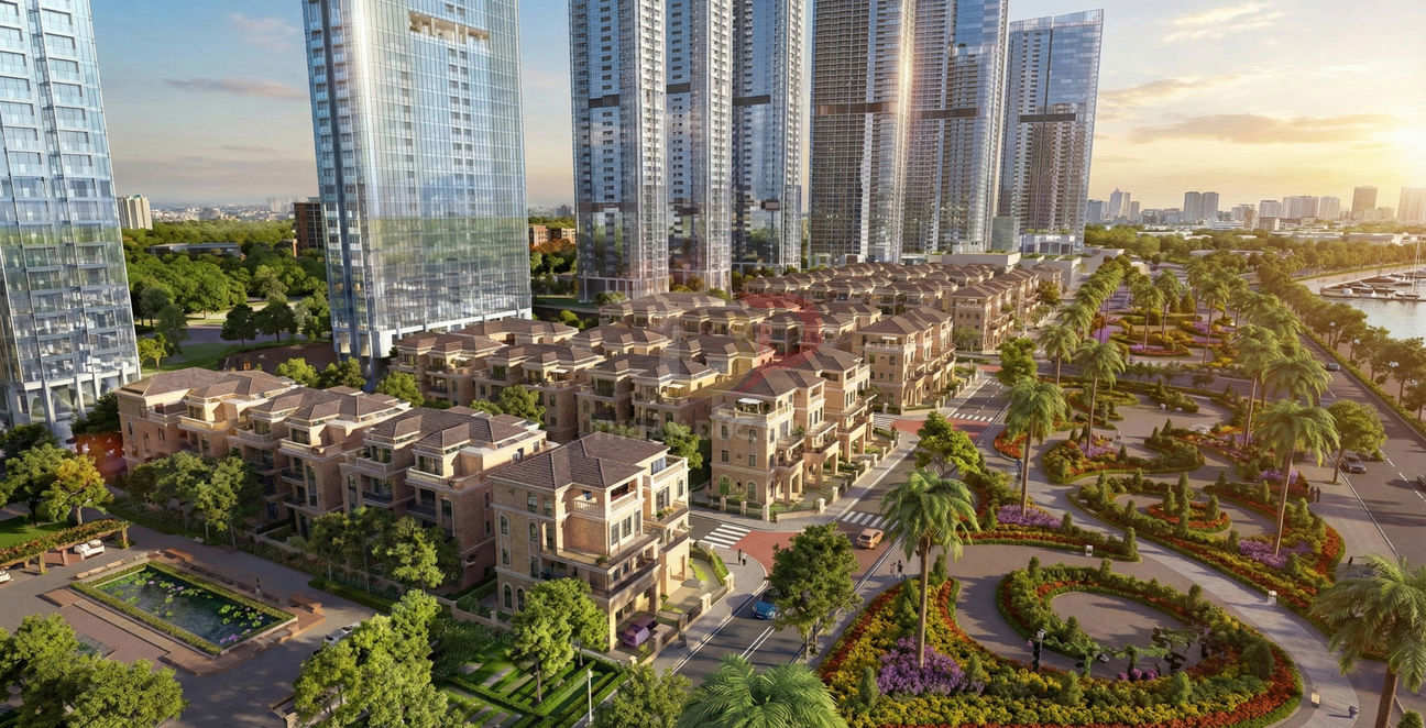 Khu đô thị cao cấp với dãy biệt thự liền kề, tòa nhà cao tầng hiện đại và công viên ven sông nhiều cây xanh