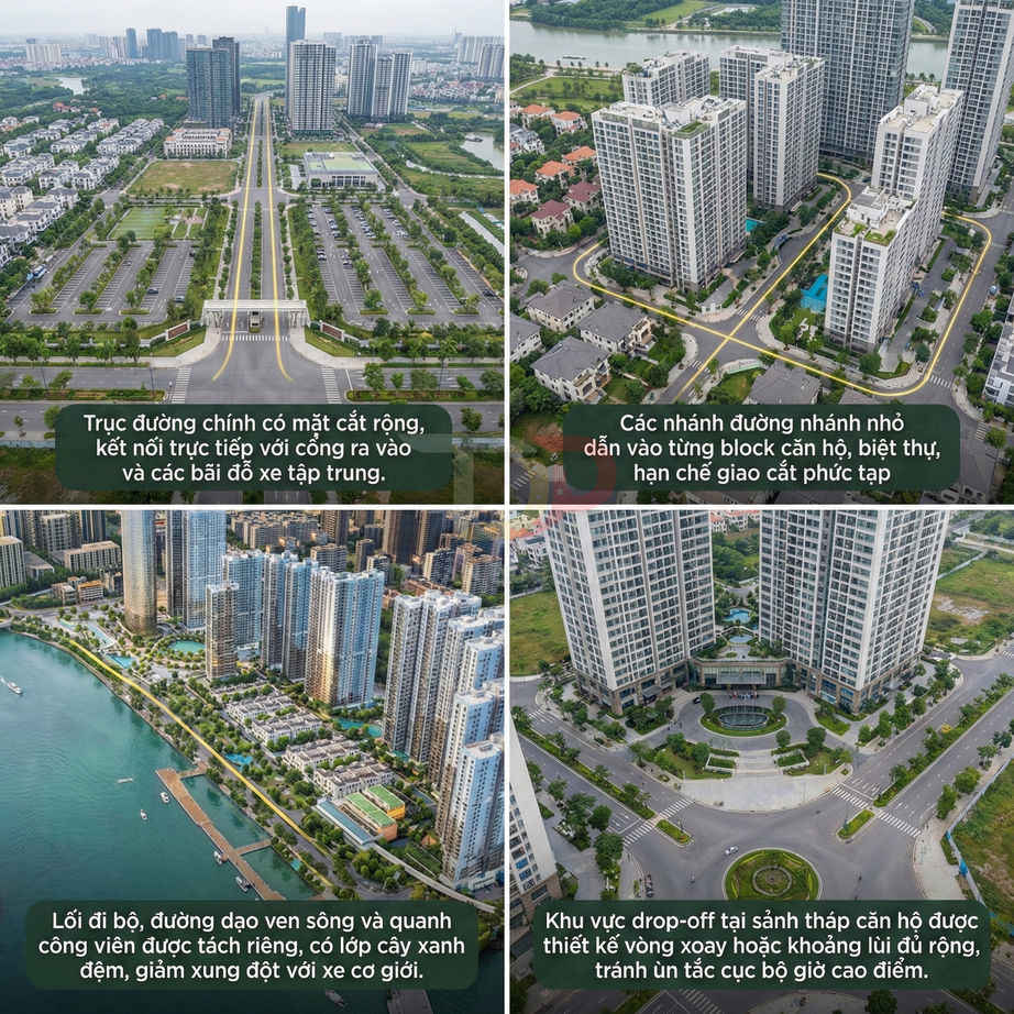 Tổng quan quy hoạch khu đô thị cao tầng ven sông với trục đường chính rộng, bãi đỗ xe và lối đi bộ cây xanh