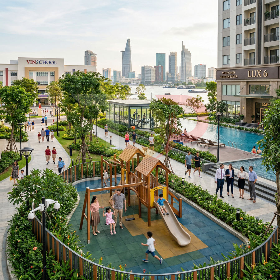 Khu căn hộ Vinhomes Golden River với sân chơi trẻ em, hồ bơi, phòng gym và trường Vinschool bên sông