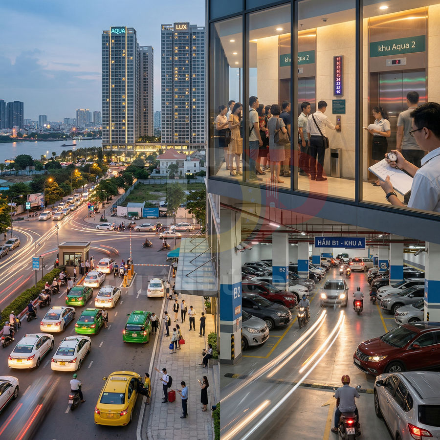 Khu căn hộ cao tầng Aqua và Lux với bãi đỗ xe ngầm và thang máy đông cư dân ra vào