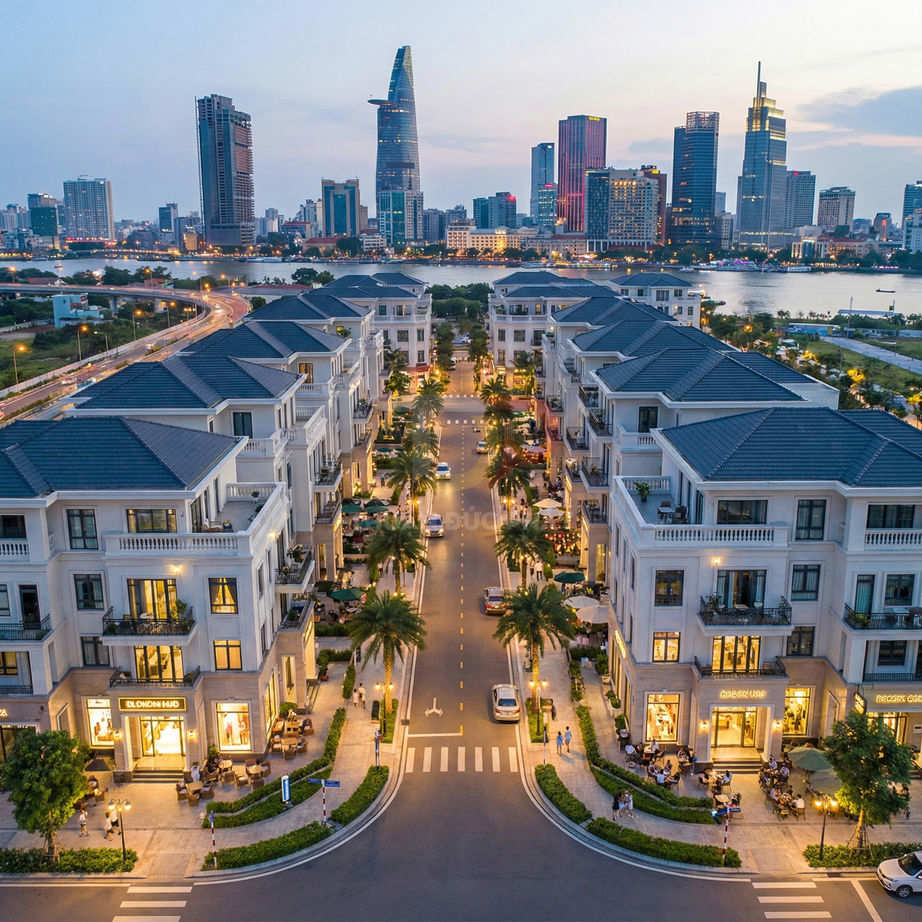 Khu nhà phố thương mại sang trọng ven sông với quán cà phê, cửa hàng và tòa nhà cao tầng phía xa