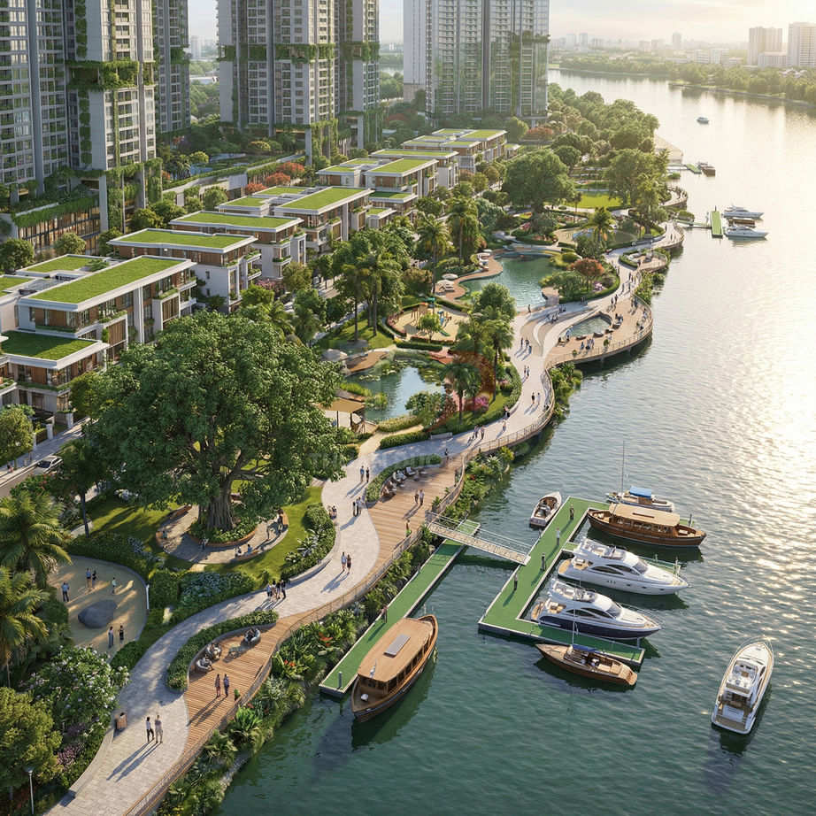 Khu căn hộ cao cấp ven sông với bến du thuyền, lối dạo bộ uốn lượn và nhiều cây xanh