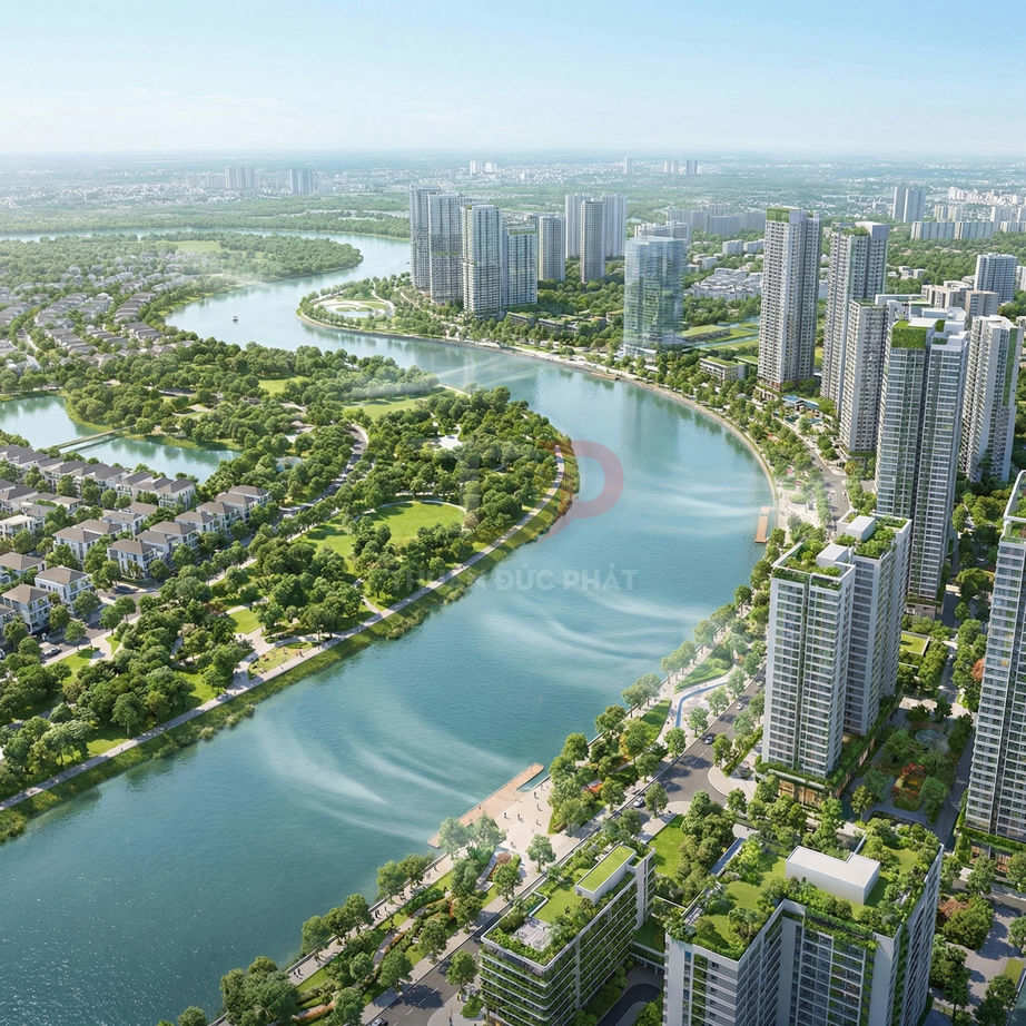 Khu đô thị cao tầng hiện đại ven sông với nhiều tòa chung cư, công viên cây xanh và khu nhà thấp tầng