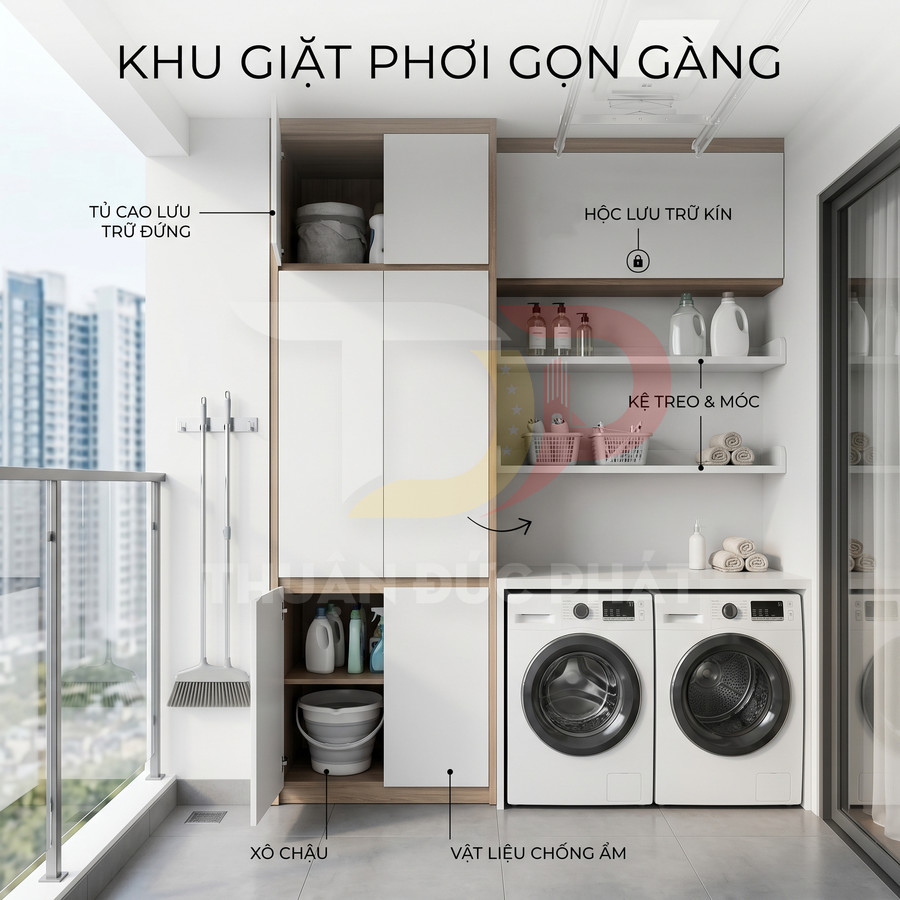 Khu giặt phơi ban công hiện đại với tủ lưu trữ gỗ trắng và hai máy giặt cửa trước đặt cạnh nhau