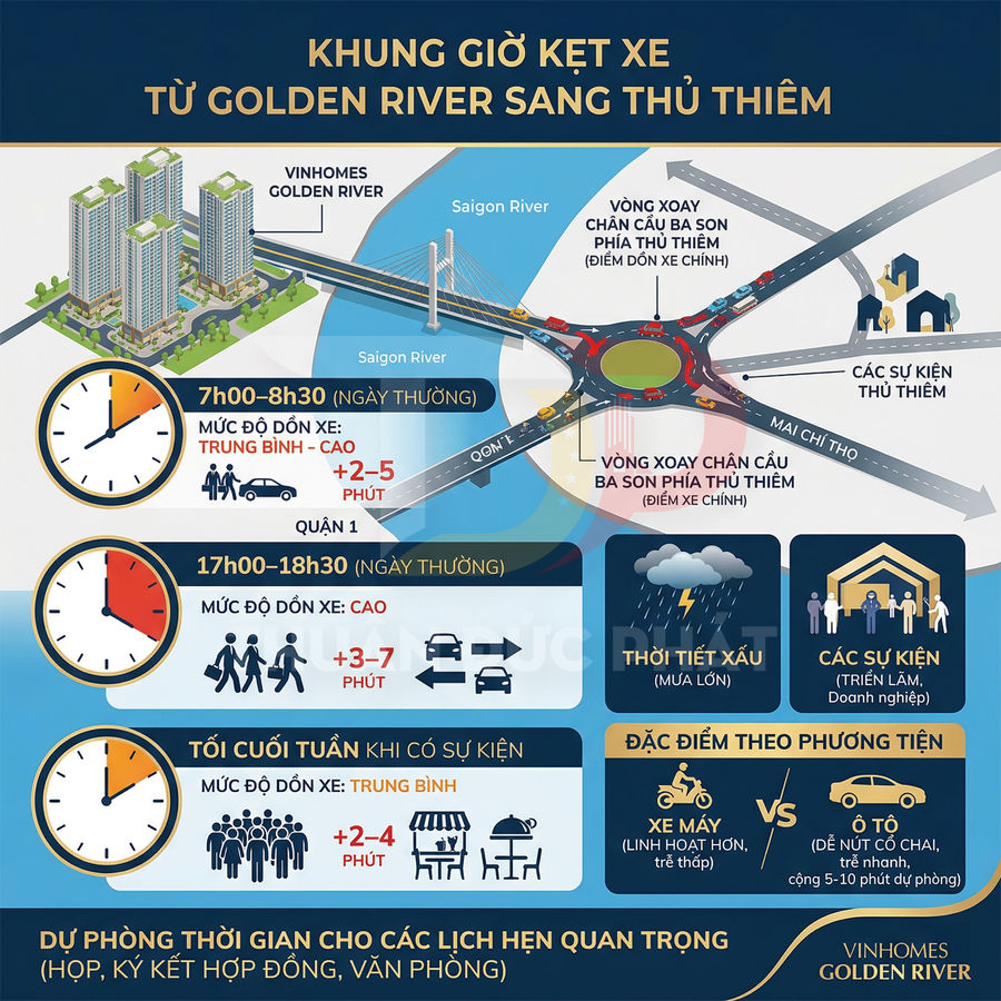 Infographic khung giờ kẹt xe từ Vinhomes Golden River sang Thủ Thiêm và các yếu tố ảnh hưởng thời gian di chuyển