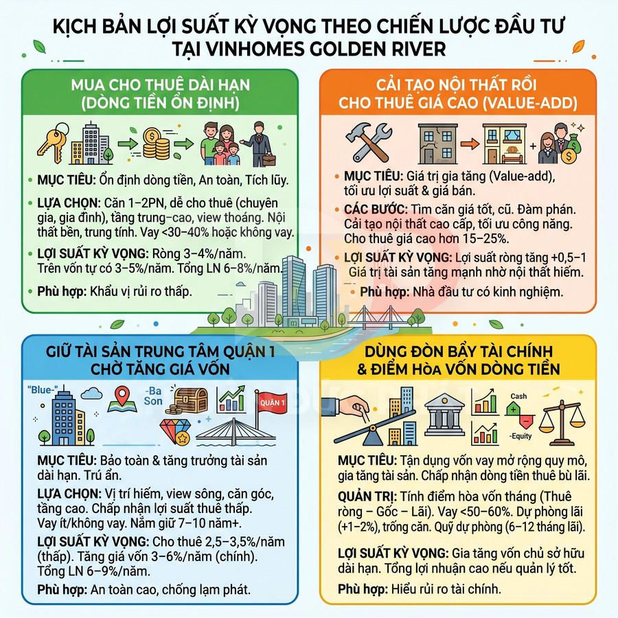Infographic các kịch bản lợi suất kỳ vọng theo chiến lược đầu tư bất động sản tại Vinhomes Golden River