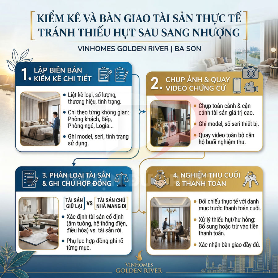 Infographic quy trình kiểm kê và bàn giao tài sản căn hộ Vinhomes Golden River trước khi sang nhượng