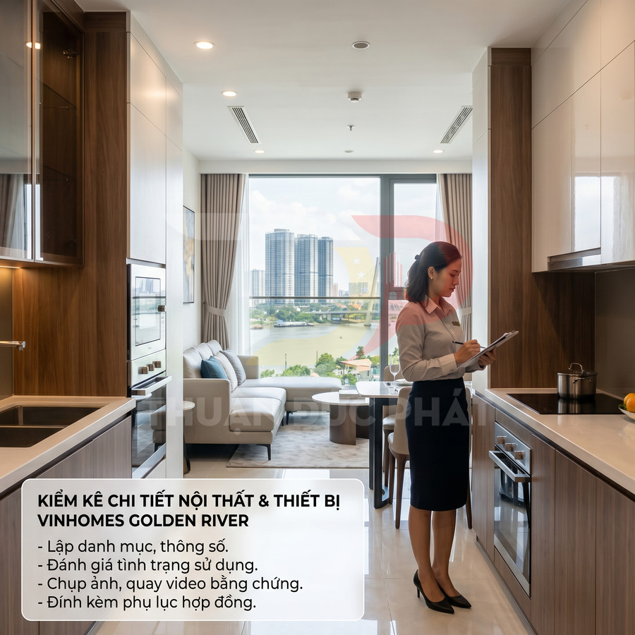 Nhân viên kiểm kê nội thất căn hộ Vinhomes Golden River với bếp và phòng khách view sông
