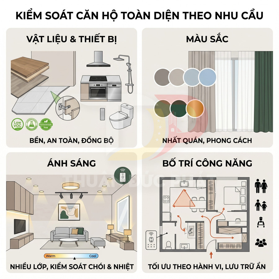 Infographic giải pháp kiểm soát căn hộ toàn diện về vật liệu thiết bị, màu sắc, ánh sáng và bố trí công năng