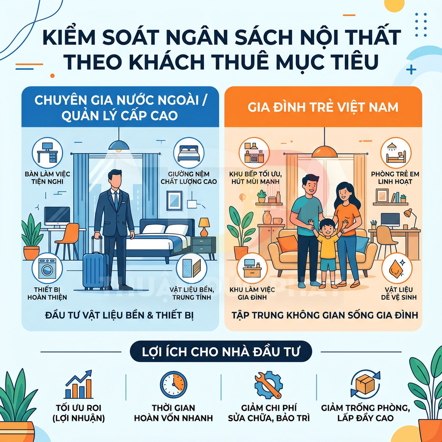 Infographic kiểm soát ngân sách nội thất cho chuyên gia nước ngoài và gia đình trẻ Việt Nam, nêu lợi ích cho nhà đầu tư