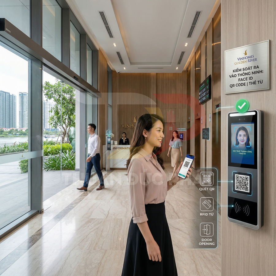 Hệ thống kiểm soát ra vào thông minh bằng Face ID và quét QR tại sảnh tòa nhà Vinhomes
