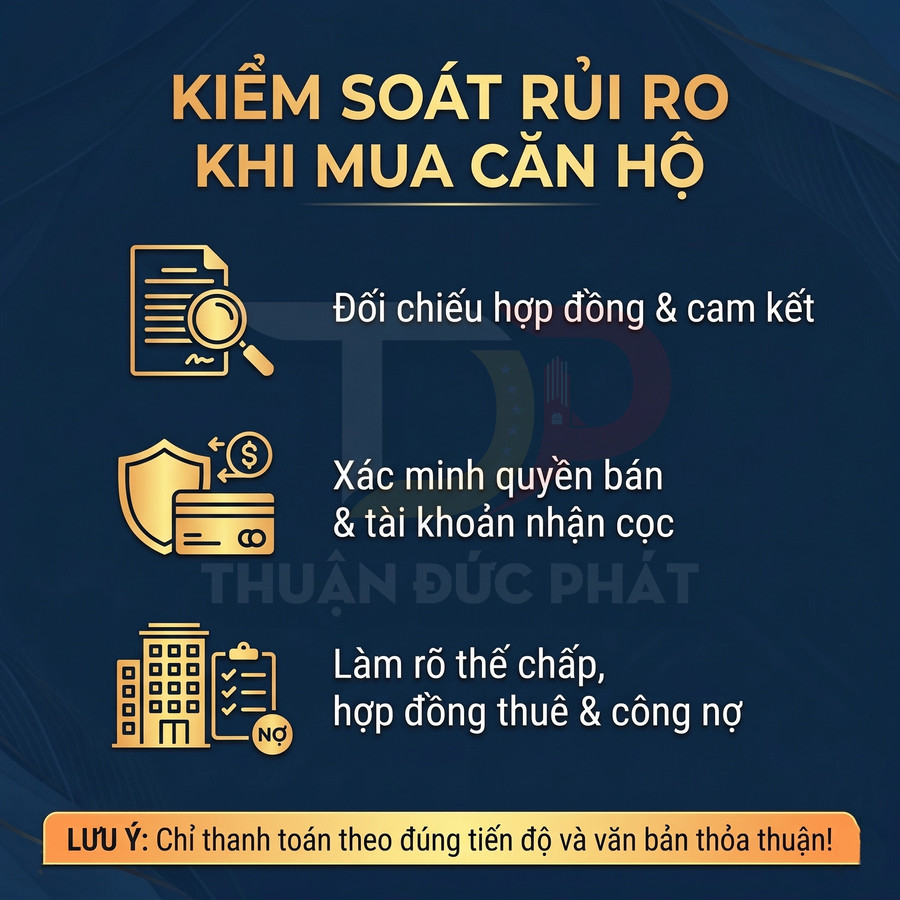 Hình minh họa các bước kiểm soát rủi ro khi mua căn hộ: kiểm tra hợp đồng, quyền bán, tiền cọc, thế chấp và công nợ