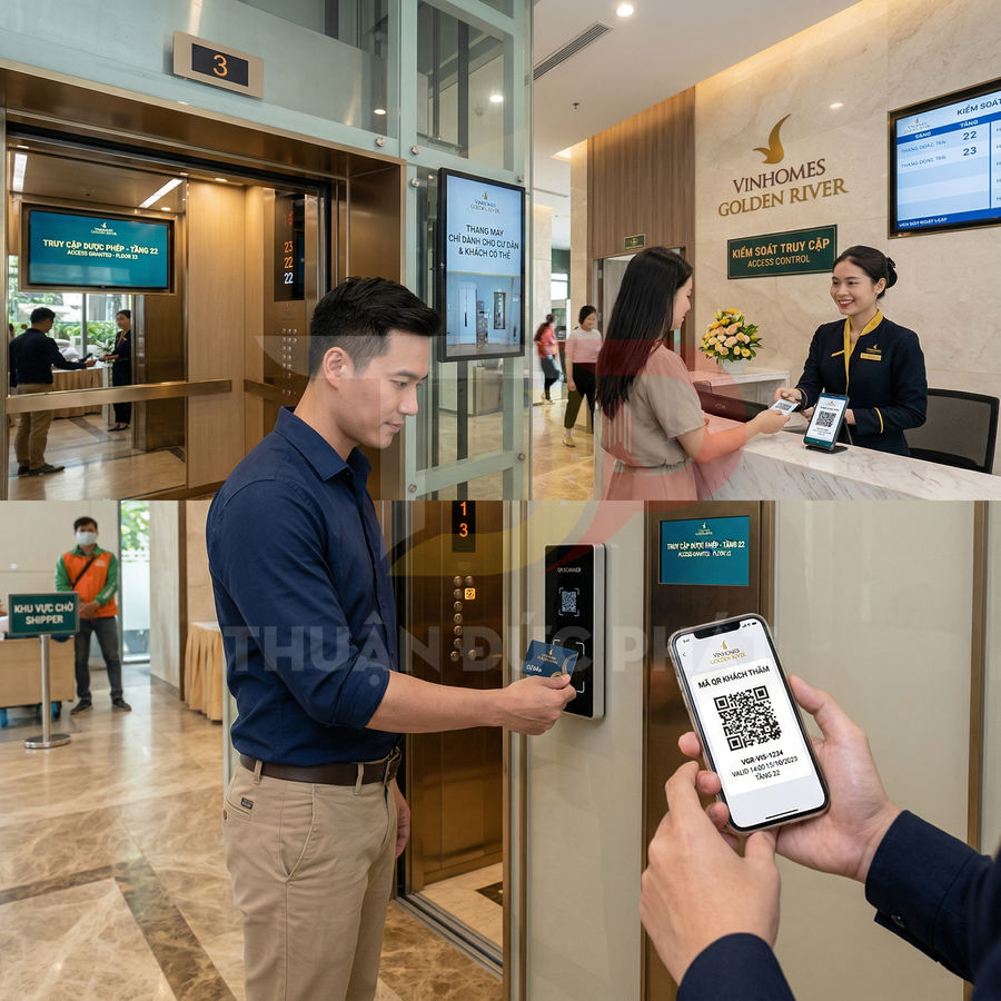 Khách dùng điện thoại quét mã QR và thẻ từ để kiểm soát truy cập thang máy tại Vinhomes Golden River