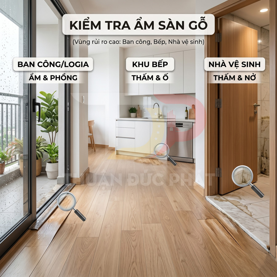 Kiểm tra độ ẩm sàn gỗ tại ban công, khu bếp và nhà vệ sinh trong căn hộ hiện đại