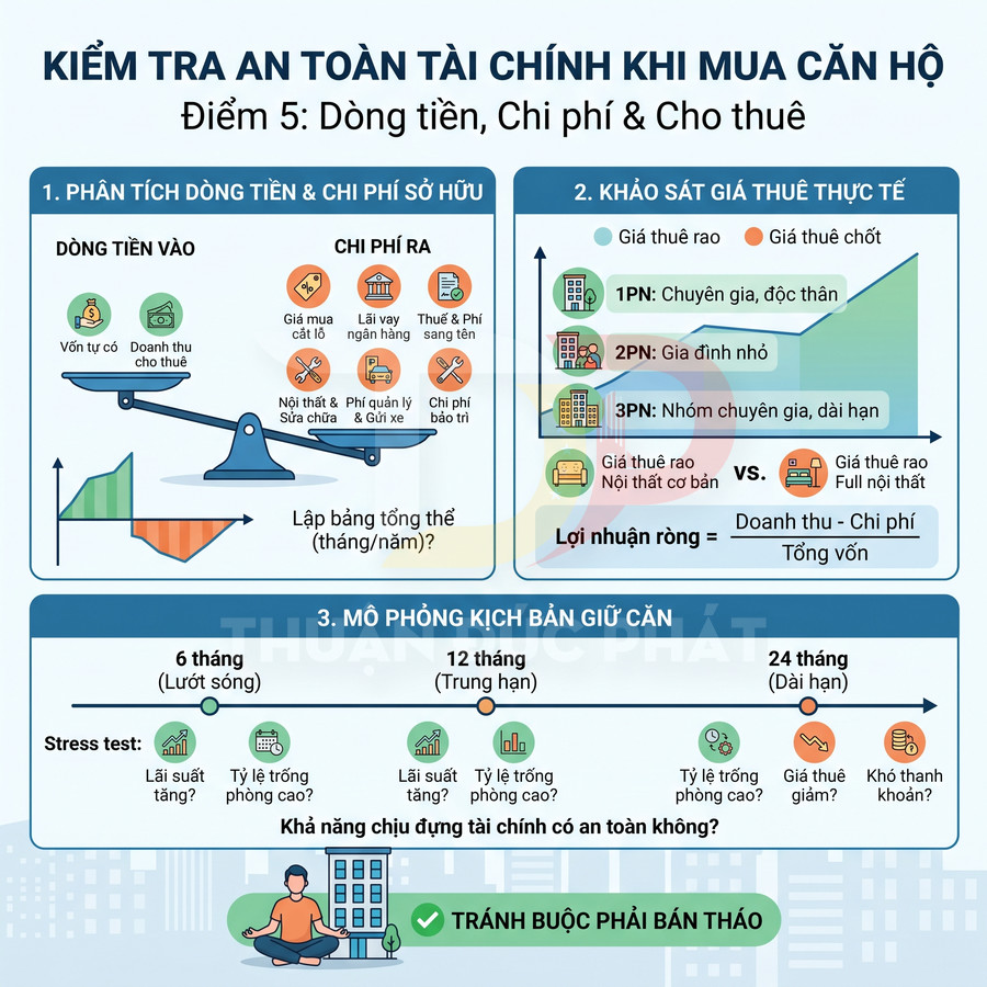 Infographic kiểm tra an toàn tài chính khi mua căn hộ với phân tích dòng tiền chi phí và khảo sát giá thuê