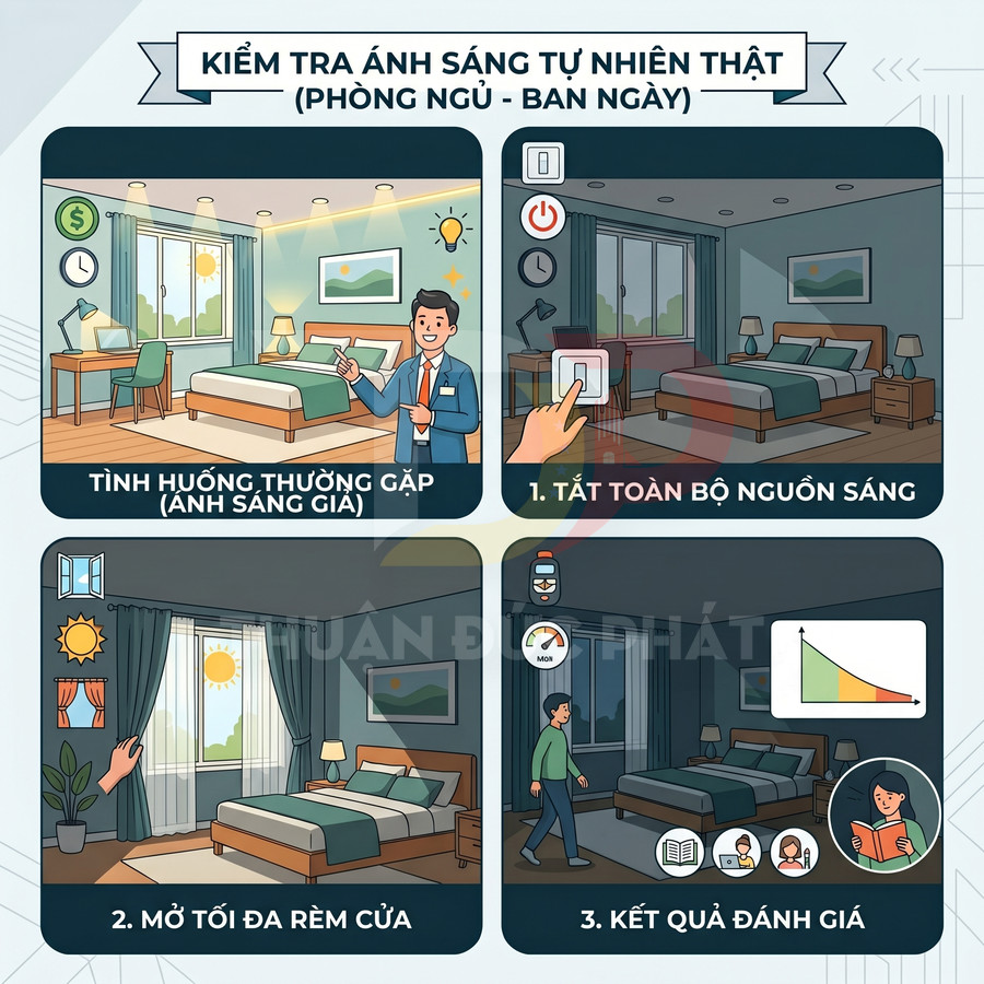 Hướng dẫn kiểm tra ánh sáng tự nhiên phòng ngủ ban ngày với các bước tắt đèn, mở rèm và đánh giá kết quả