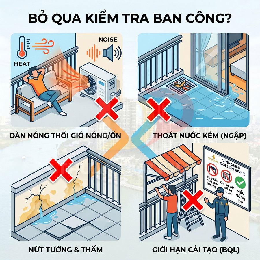 Minh họa các lỗi ban công chung cư như dàn nóng điều hòa, thoát nước kém, tường thấm và giới hạn cải tạo