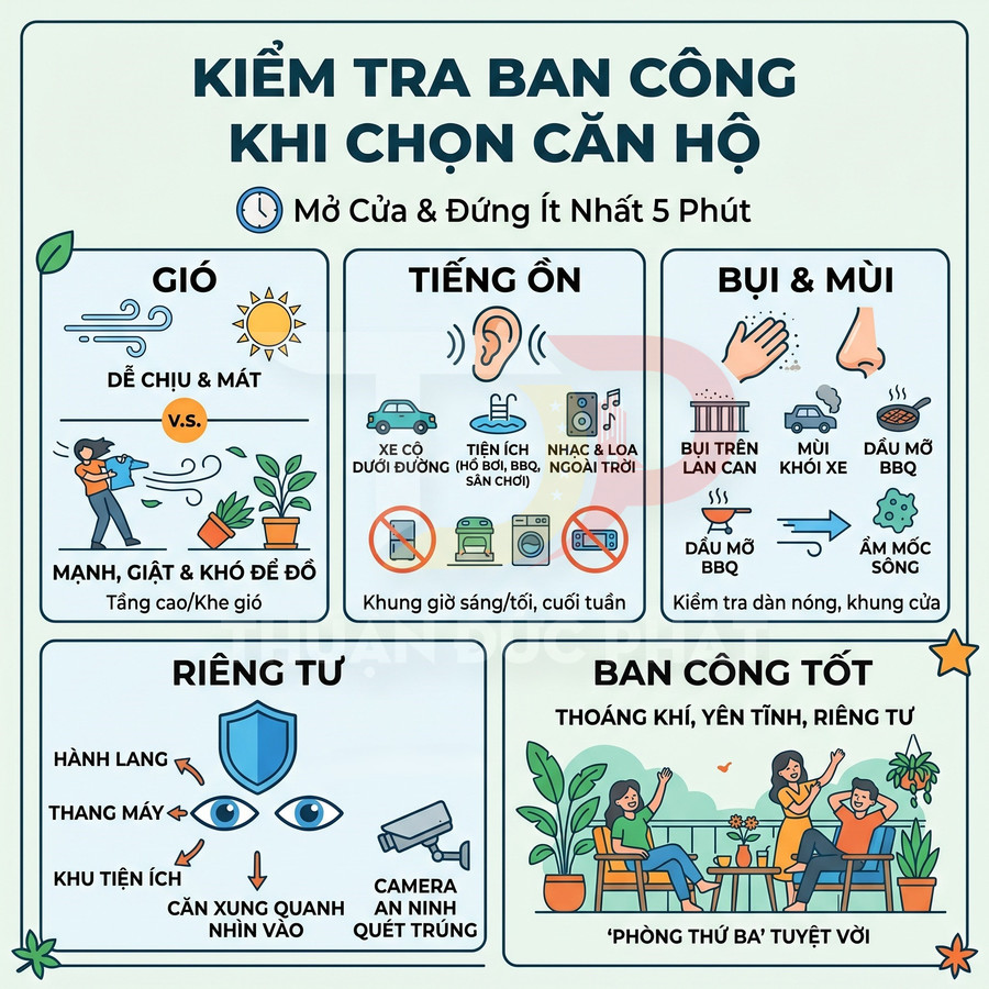 Infographic kiểm tra ban công khi chọn căn hộ với các yếu tố gió, tiếng ồn, bụi mùi, riêng tư và ban công tốt