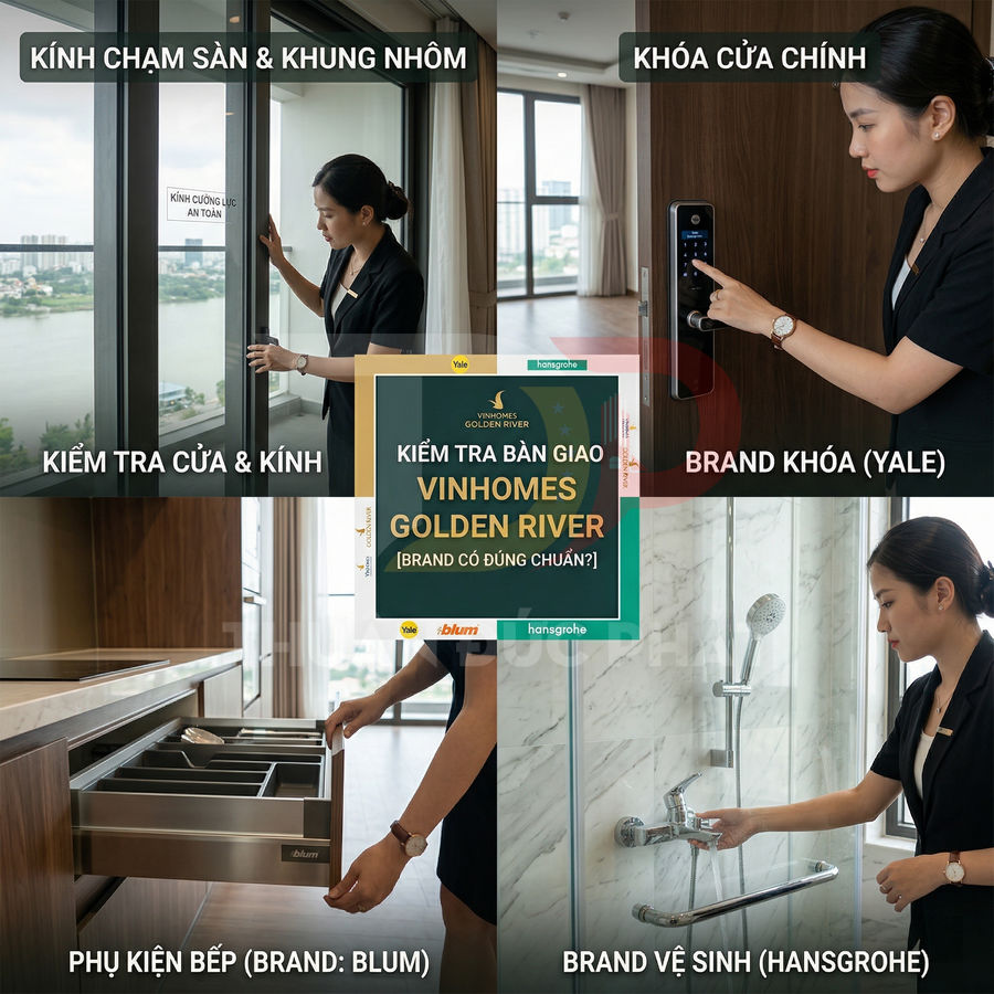 Nhân viên kiểm tra bàn giao căn hộ Vinhomes Golden River với khóa Yale, phụ kiện bếp Blum và thiết bị vệ sinh Hansgrohe