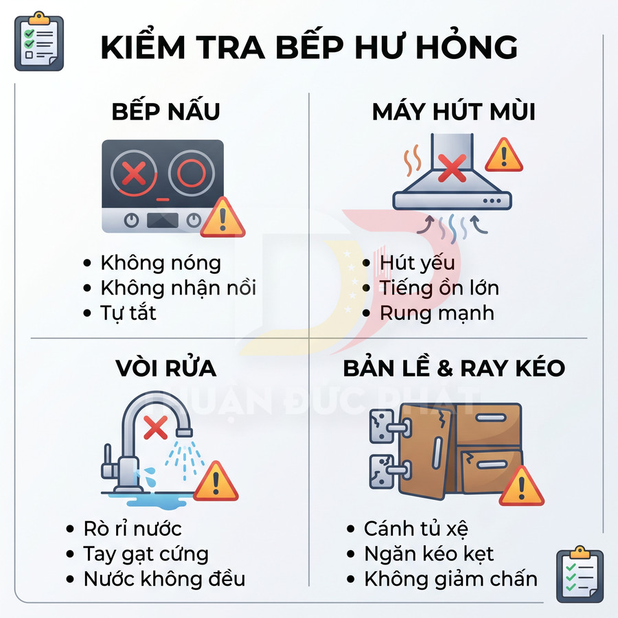 Hướng dẫn kiểm tra bếp nấu, máy hút mùi, vòi rửa, bản lề và ray kéo khi thiết bị nhà bếp bị hư hỏng