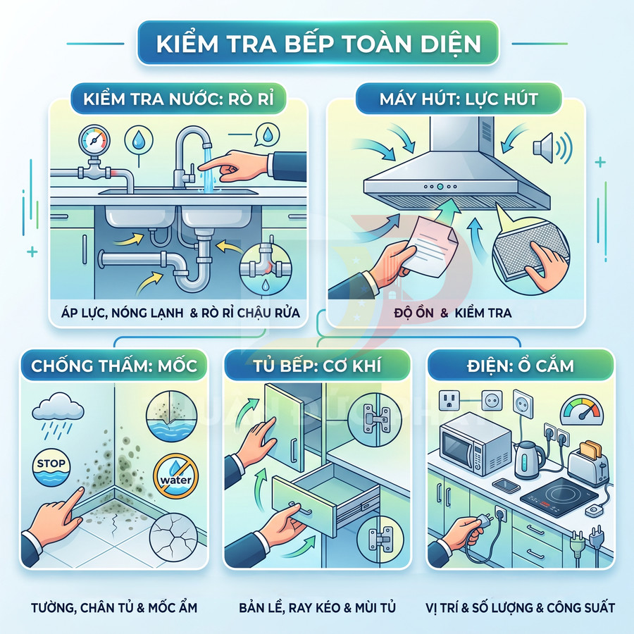 Hướng dẫn kiểm tra bếp toàn diện gồm rò rỉ nước, máy hút mùi, chống thấm mốc, tủ bếp cơ khí và ổ cắm điện
