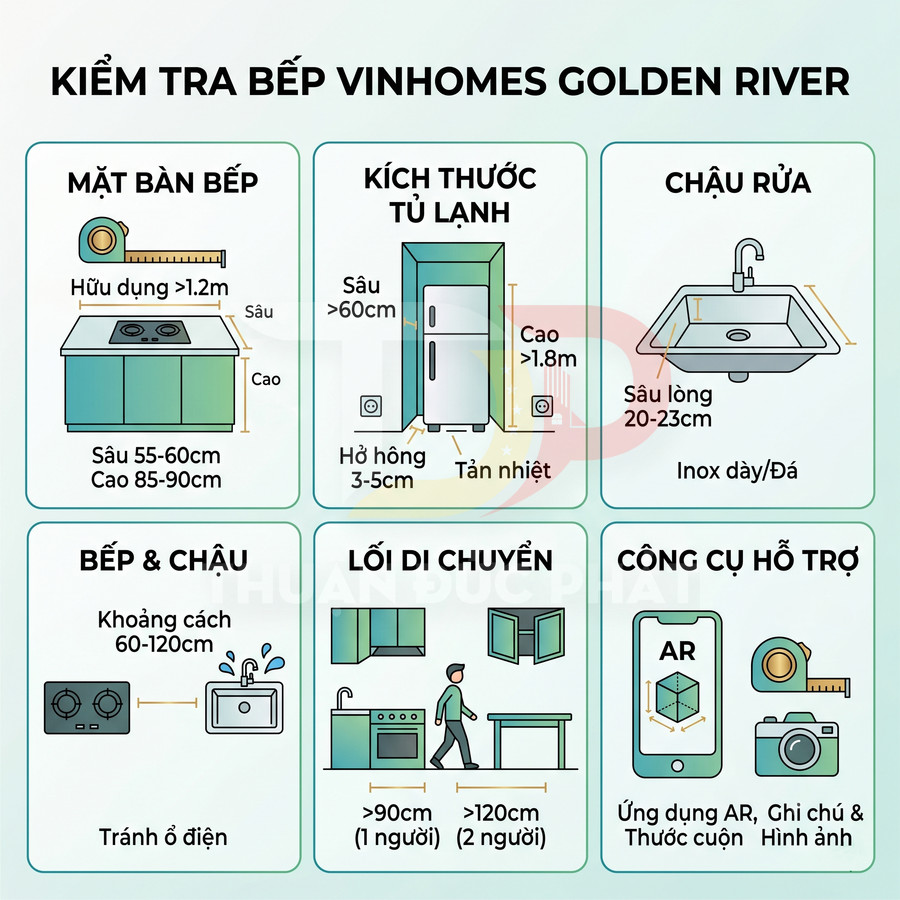 Hướng dẫn kiểm tra kích thước bếp, tủ lạnh, chậu rửa và lối di chuyển cho căn bếp Vinhomes Golden River
