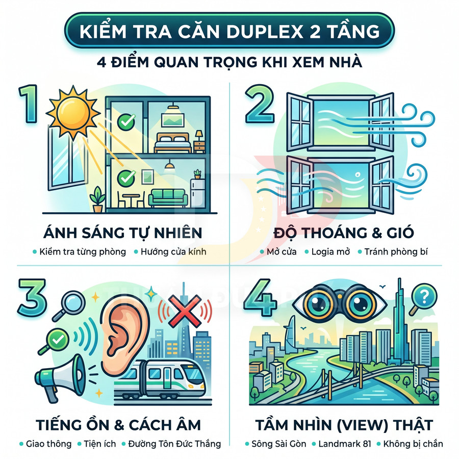 Infographic kiểm tra căn hộ duplex 2 tầng với 4 tiêu chí ánh sáng, độ thoáng gió, tiếng ồn và tầm nhìn