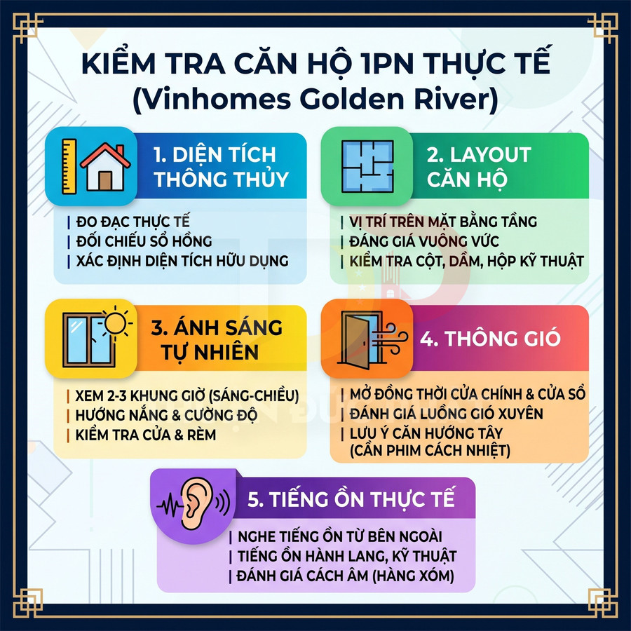 Checklist kiểm tra căn hộ 1 phòng ngủ thực tế tại Vinhomes Golden River với 5 tiêu chí đánh giá chi tiết